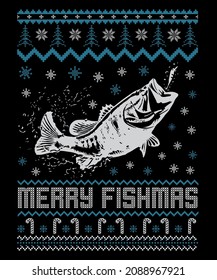 Merry Fishmas Typography ugly Christmas Sweatshirt Design for Fish lovers with Black Background