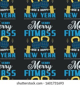 Merry Fitmass seamless pattern, graphic print for ugly sweater xmas party, decoration with barbell and kettlebell. Stock vector background illustration. Retro design