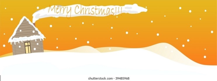 Merry frame with small cute house with chimney over winter landscape