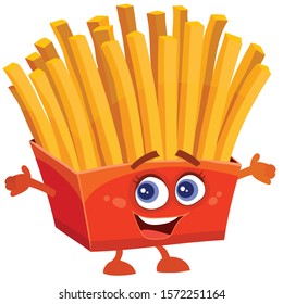 merry french fries character in a red box, isolated object on a white background, vector illustration