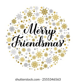 Merry Friendsmas calligraphy hand lettering with gold and silver snowflakes, stars and dots. Funny Christmas quote. Winter holidays pun. Vector template for typography poster, banner, card, etc.