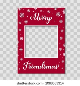 Merry Friendsmas photo booth frame on transparent background. Christmas party photobooth props. Vector template. 