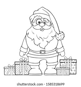 Merry funny Santa Claus in cartoon style with gift boxes. Elements for Greeting card Merry Christmas And Happy New Year. Vector illustration isolated on white background. Hand drawn Coloring page book