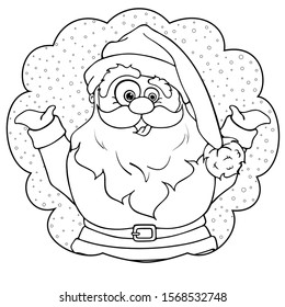 Merry funny Santa Claus character in cartoon style on backdrop with snowflakes. Christmas card for a Happy New Year. Hand drawn. Vector illustration isolated on white background. Coloring page book.