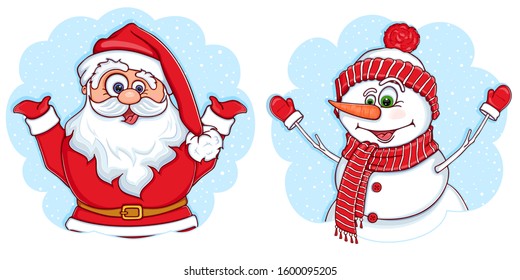 Merry funny Santa Claus and Snowman in cartoon style on light blue backdrop. Greeting card Merry Christmas And Happy New Year. Drawn by hand. Color vector illustration isolated on white background.