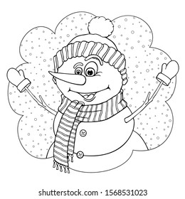 Merry funny Snowman character in cartoon style on backdrop with snowflakes. Christmas card for a Happy New Year. Hand drawn. Vector illustration isolated on white background. Coloring page book.