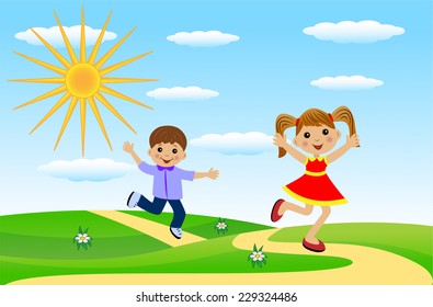 merry girl and boy hurry on a path, vector illustration