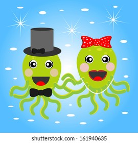 merry girl and boy octopuses  on a blue background, vectorial illustration