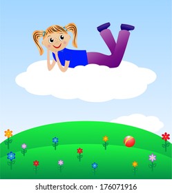 merry girl lie on cloud, vector illustration