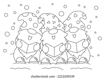 Merry gnomes sing a Christmas song. Coloring book page for kids. Cartoon style character. Vector illustration isolated on white background.