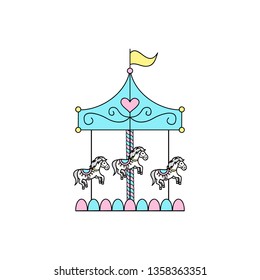 Merry go round, carousel with horses, vector outlined illustration icon.  