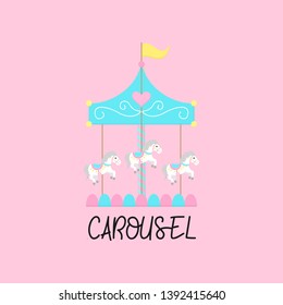 Merry go round, carousel with horses, vector graphic illustration icon with writing. Isolated on light pink background.