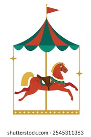 Merry go round with horse, festive fair attraction. Christmas time amusement park. Hand drawn isolated vector illustration in flat design