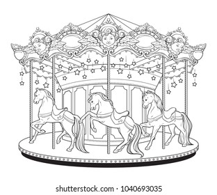 Merry go round with horses coloring book pages for kids and adults hand drawn vector illustration.