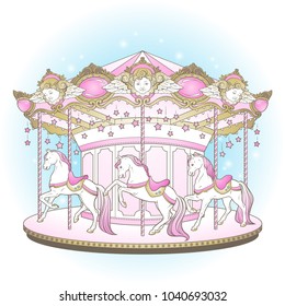 Merry go round with horses design for kids in pastel colors hand drawn vector illustration.