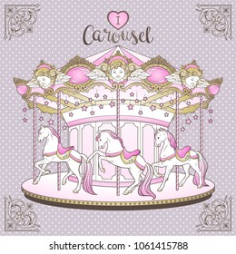 Merry go round with horses over purple polka dot background hand drawn print design for kids in pastel colors vector illustration