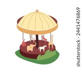 Merry go round, roundabout. Kids carrousel, horse carousel with animals shapes. Attraction in amusement park. Summer outdoor entertainment in funfair. Flat isolated vector illustration on white