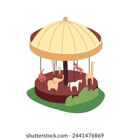 Merry go round, roundabout. Kids carrousel, horse carousel with animals shapes. Attraction in amusement park. Summer outdoor entertainment in funfair. Flat isolated vector illustration on white