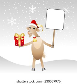 merry goat  in a christmas cap with a gift,vector illustration