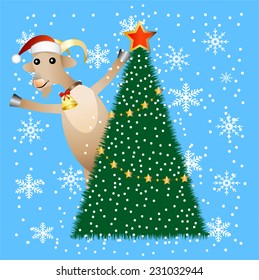 merry goat and christmas tree,  vector  illustration