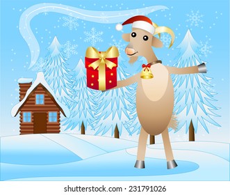 merry goat with a gift on a background winter landscape,  vector  illustration