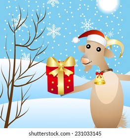 merry goat with a gift,  vector  illustration