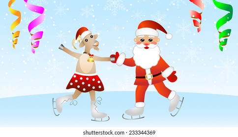 merry goat in a skirt and Santa claus on skates,vector illustration