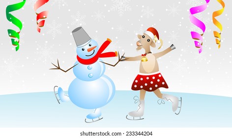 merry goat in a skirt and snow man on skates,vector illustration