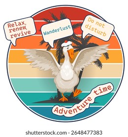 Merry goose on vacation retro adventures on sunset background