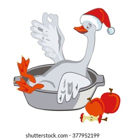 Merry goose sitting in a pot in the cap Santa. The concept of cooking holiday dinner on Christmas
