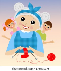 a merry grandmother binds socks for grandchildren,  vector  illustration