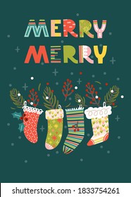 Merry Merry greeting card with  Christmas stockings and winter floral bouquet. Vector illustration. Template for congratulations.