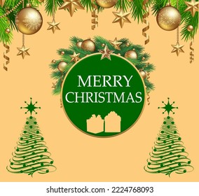 merry greeting card holiday illustration design green background tree decoration winter invitation decorative.