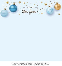 Feliz Сtarjeta de felicitación de Navidad Vector de diseño de fondo blanco. Navidades colgando bolas de color azul en Elementos brillantes de la decoración del brillo y del oro. Tarjeta elegante de la temporada de vacaciones de Ilustración vectorial. 