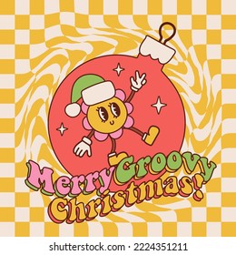 Merry Groovy Christmas greeting card with retro cartoon flower character. Christmas tree bauble ball with walking daisy mascot in Santa hat. Vector contour illustration in trendy vintage comic style