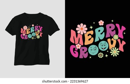 merry groovy - Groovy Retro Christmas SVG T-shirt and apparel design. Vector print, typography, poster, emblem, festival, party, Black, gift, card, Craft Design, groovy, retro