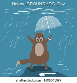 Merry Groundhog With An Umbrella - It Is Snowing, Rain - Illustration, Vector. Happy Groundhog Day. Wildlife Life