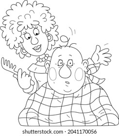 Merry hairdresser and a funny puzzled client after haircut in a hairdressing salon, black and white outline vector cartoon illustration for a coloring book page