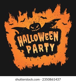 Merry Halloween party banner colorful with spooky pumpkin and bats in night sky over graveyard vector illustration