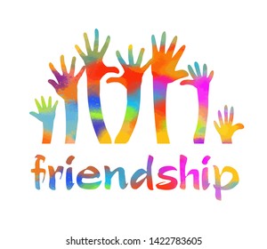 Merry hands raised up. Hey. Hello. Cartoon children's palms. Friendship rainbow text.
 Vector illustration