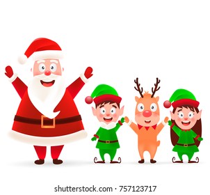 Merry or Happy Christmas companions. Santa Claus, Reindeer and elf in snow scene.