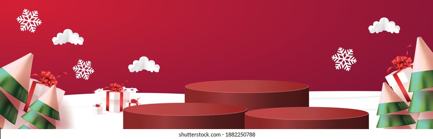 Merry Сhristmas and Happy New Year. Abstract minimal design, geometric shopping,gift box,Realistic stage, podium.Winter holiday red background.website header or banner show 