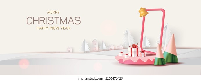 Merry Сhristmas and Happy New Year. on phone Abstract minimal design, geometric shopping,gift box,Realistic stage, podium.Winter holiday red background.website header or banner show
