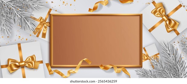 Merry holiday 3d frame composition - white gift boxes decorated with golden ribbons and bows surround wood bordered placeholder. Silver fir branches and curled gold streamers on festive border design.