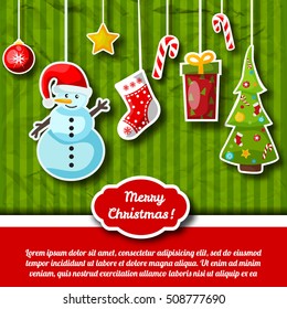 Merry holiday card with christmas tree decorations and text field flat vector illustration