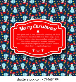 Merry holiday postcard with red text field on christmas trees pattern background flat vector illustration