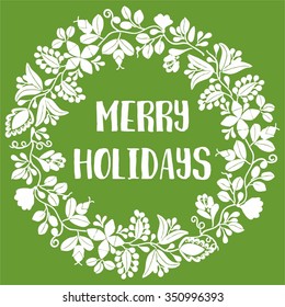 Merry Holiday vector card with christmas wreath on green background