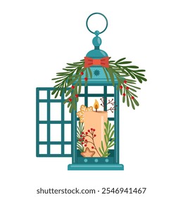 Merry holiday. Winter christmas lantern with decor.