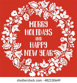 Merry Holidays and Happy New Year red and white vector card with laurel wreath