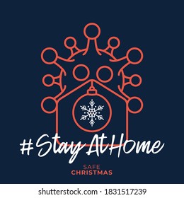 Merry Home Safe Christmas 2020. Coronavirus Christmas Card with Vector home and ball Icon. staying at home badge in Quarantine. COVID-19 Reaction.